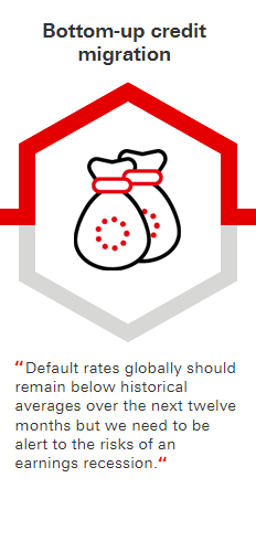 Bottom-up credit migration: Default rates globally should remain below historical averages over the next twelve months but we need to be alert to the risks of an earnings recession.